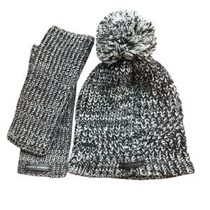 Rebecca Minkoff Black & White Knit Beanie Pom Hat + Arm Warmers Set